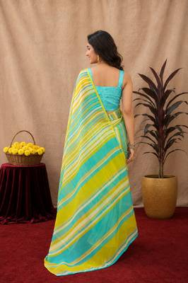 lemon lilen print work 1 minute ready to wear saree with unstitched blouse piece 4
