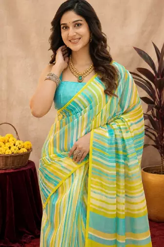 lemon lilen print work 1 minute ready to wear saree with unstitched blouse piece