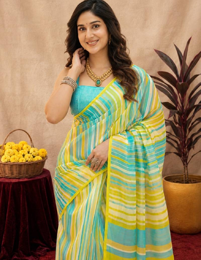 lemon lilen print work 1 minute ready to wear saree with unstitched blouse piece