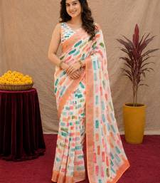 white lilen print work 1 minute ready to wear saree with unstitched blouse piece