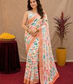 white lilen print work 1 minute ready to wear saree with unstitched blouse piece