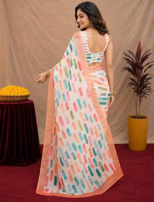 white lilen print work 1 minute ready to wear saree with unstitched blouse piece 3