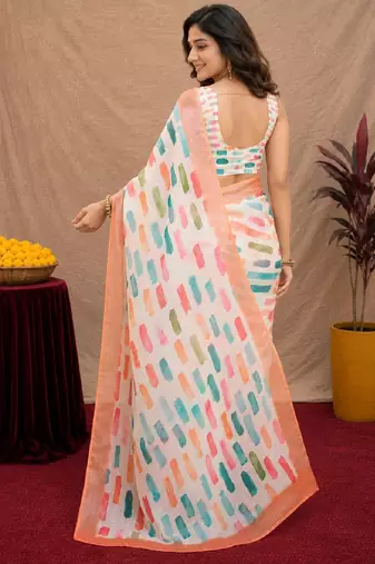 white lilen print work 1 minute ready to wear saree with unstitched blouse piece