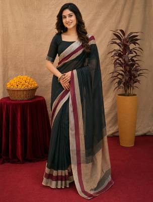 black lilen print work 1 minute ready to wear saree with unstitched blouse piece 1