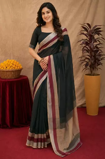 black lilen print work 1 minute ready to wear saree with unstitched blouse piece