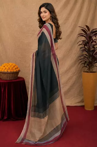 black lilen print work 1 minute ready to wear saree with unstitched blouse piece