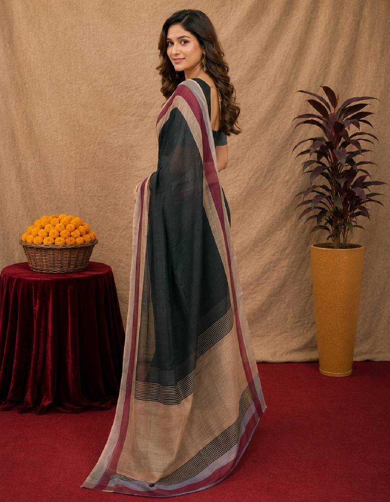 black lilen print work 1 minute ready to wear saree with unstitched blouse piece