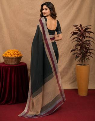 black lilen print work 1 minute ready to wear saree with unstitched blouse piece 3