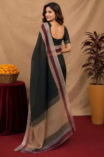 black lilen print work 1 minute ready to wear saree with unstitched blouse piece