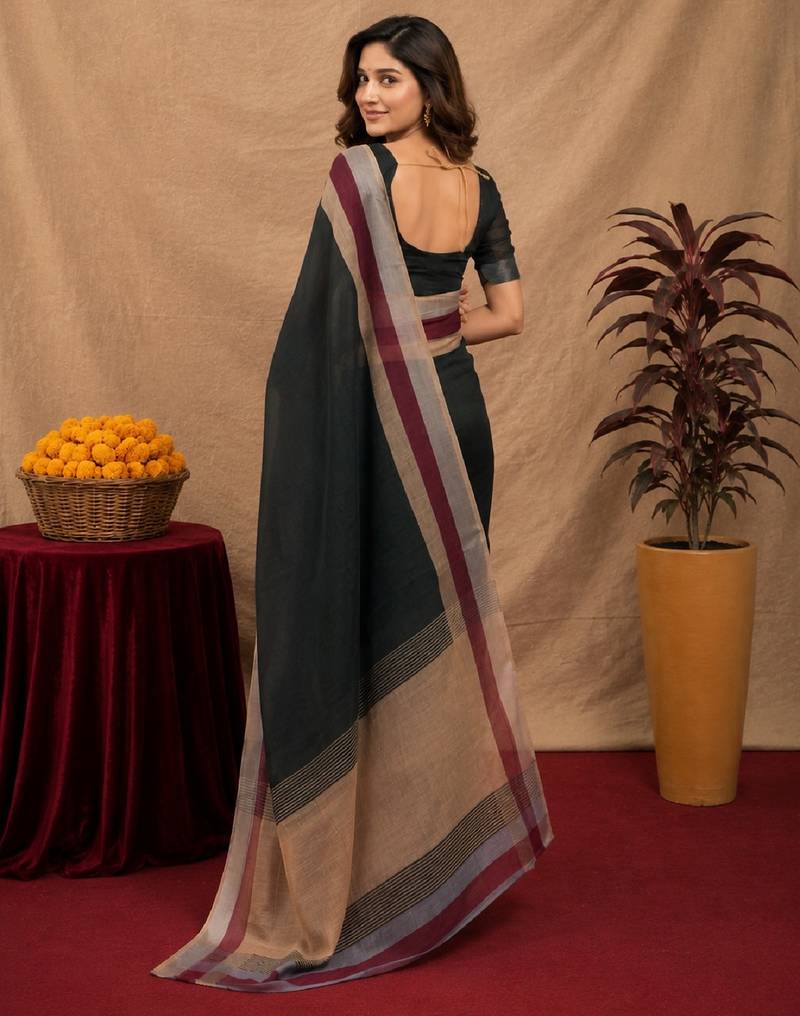 black lilen print work 1 minute ready to wear saree with unstitched blouse piece