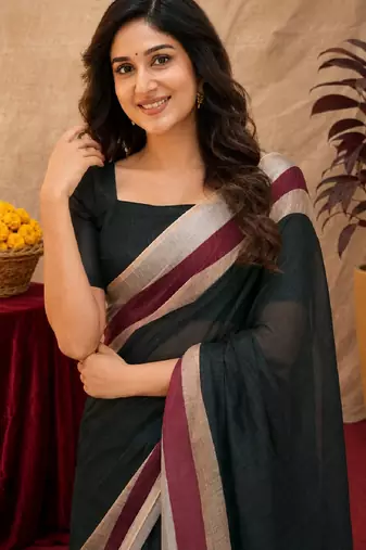 black lilen print work 1 minute ready to wear saree with unstitched blouse piece