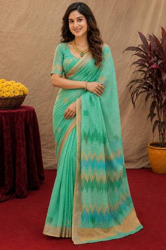 sea green lilen print work 1 minute ready to wear saree with unstitched blouse piece