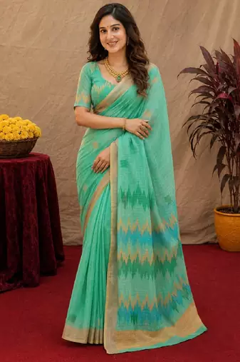 sea green lilen print work 1 minute ready to wear saree with unstitched blouse piece