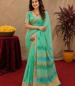 sea green lilen print work 1 minute ready to wear saree with unstitched blouse piece