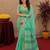 sea green lilen print work 1 minute ready to wear saree with unstitched blouse piece