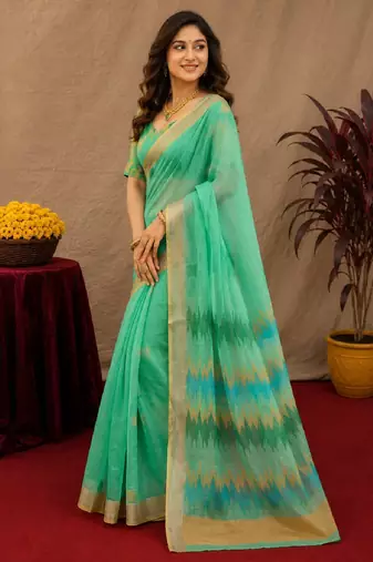 sea green lilen print work 1 minute ready to wear saree with unstitched blouse piece