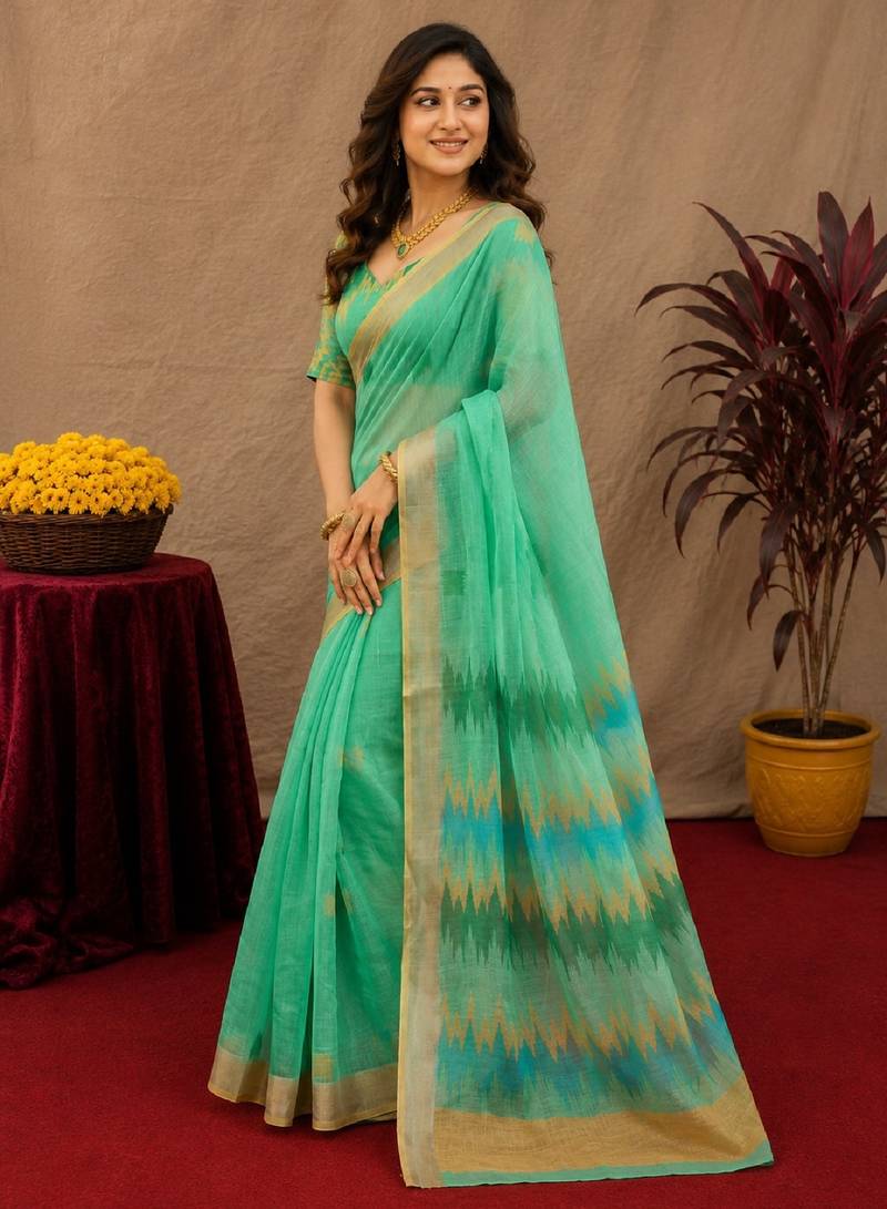 sea green lilen print work 1 minute ready to wear saree with unstitched blouse piece