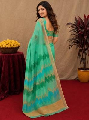 sea green lilen print work 1 minute ready to wear saree with unstitched blouse piece 3