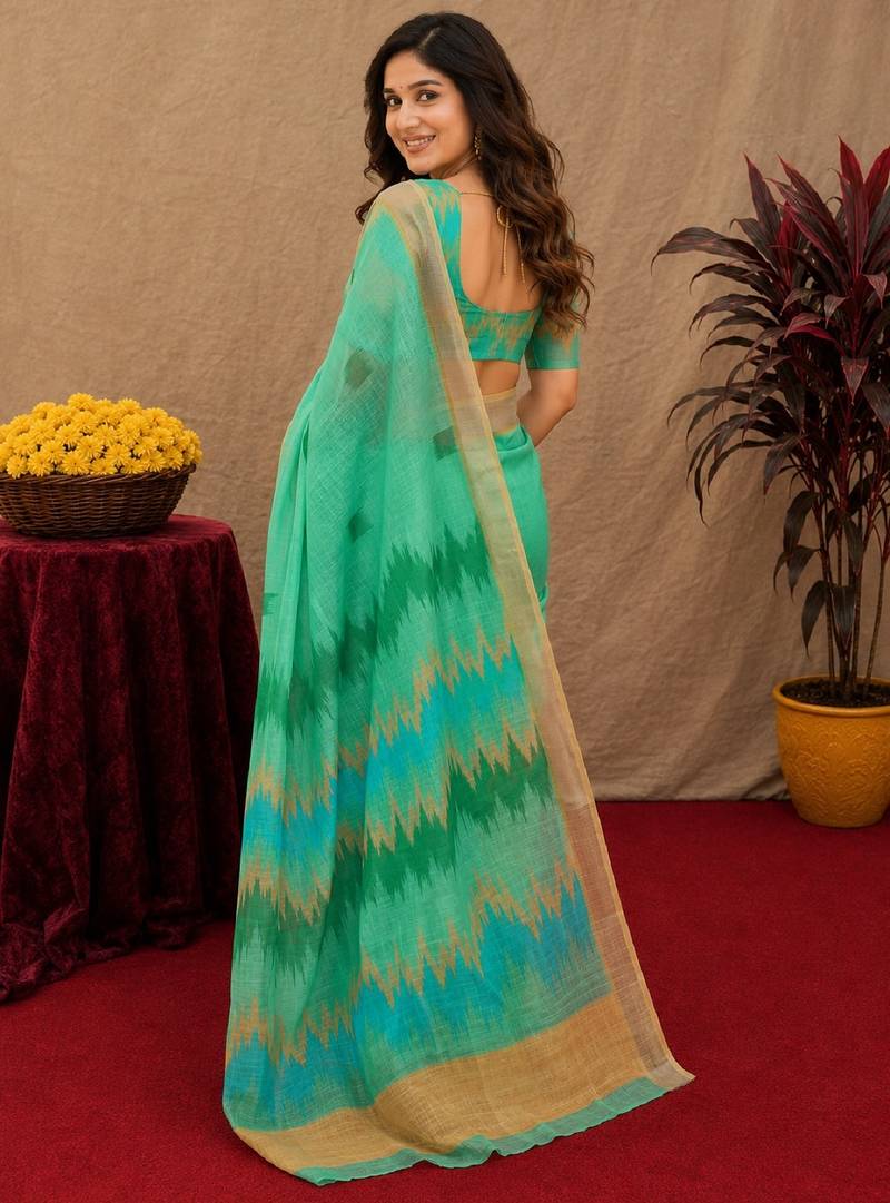 sea green lilen print work 1 minute ready to wear saree with unstitched blouse piece