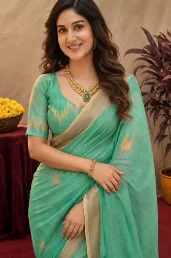 sea green lilen print work 1 minute ready to wear saree with unstitched blouse piece