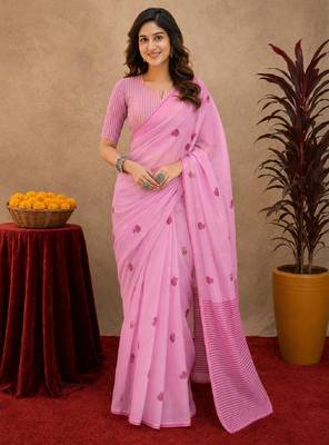 baby pink lilen print work 1 minute ready to wear saree with unstitched blouse piece 1