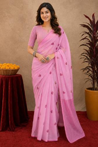 baby pink lilen print work 1 minute ready to wear saree with unstitched blouse piece
