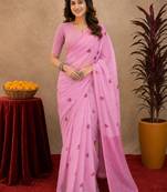 baby pink lilen print work 1 minute ready to wear saree with unstitched blouse piece