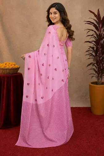 baby pink lilen print work 1 minute ready to wear saree with unstitched blouse piece
