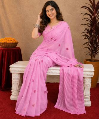 baby pink lilen print work 1 minute ready to wear saree with unstitched blouse piece 4