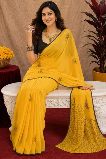 yellow black lilen print work 1 minute ready to wear saree with unstitched blouse piece