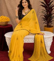 yellow black lilen print work 1 minute ready to wear saree with unstitched blouse piece