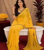 yellow black lilen print work 1 minute ready to wear saree with unstitched blouse piece