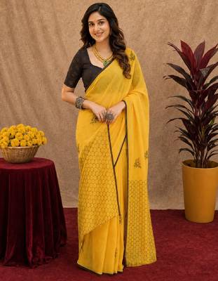 yellow black lilen print work 1 minute ready to wear saree with unstitched blouse piece 2