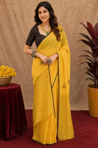yellow black lilen print work 1 minute ready to wear saree with unstitched blouse piece