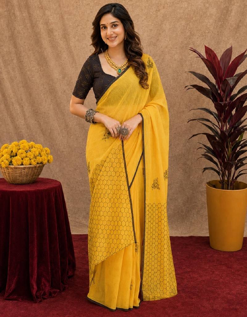 yellow black lilen print work 1 minute ready to wear saree with unstitched blouse piece