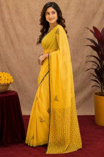 yellow black lilen print work 1 minute ready to wear saree with unstitched blouse piece