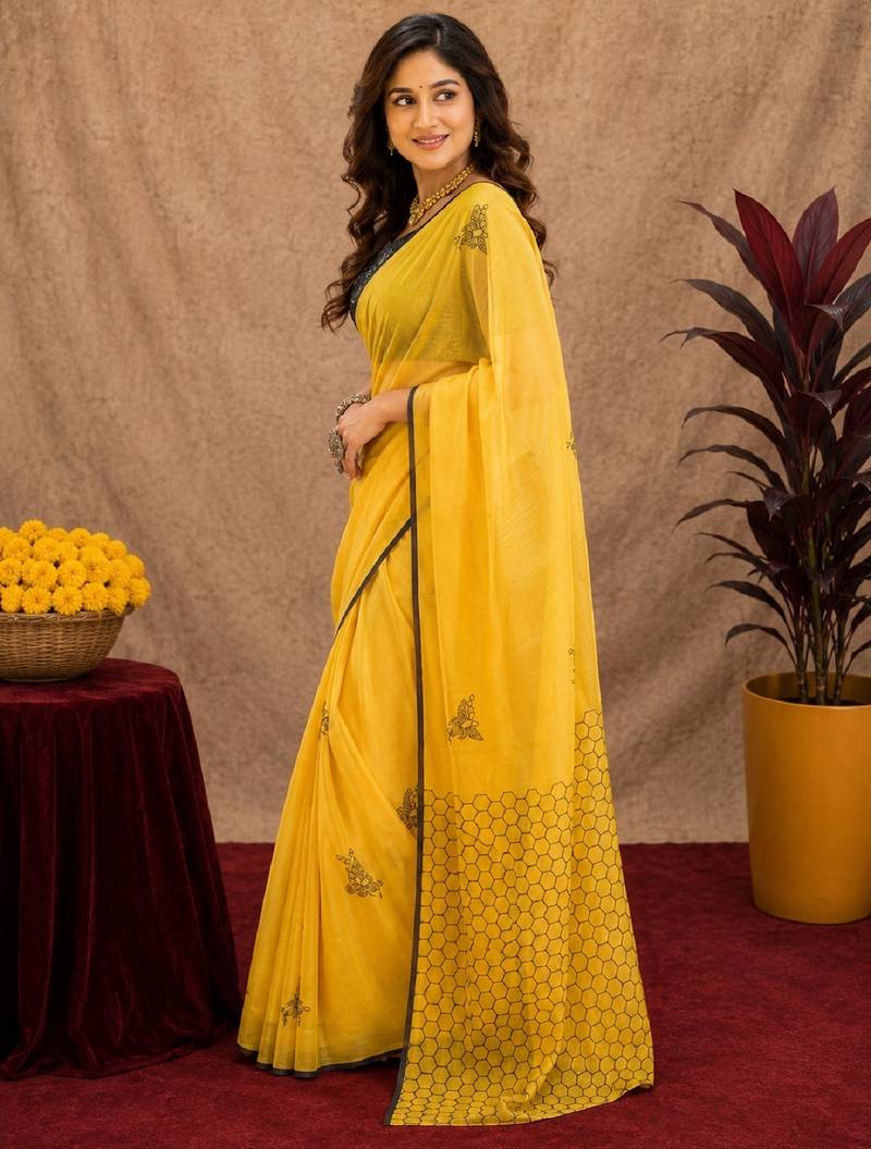 yellow black lilen print work 1 minute ready to wear saree with unstitched blouse piece