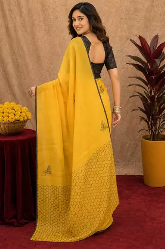 yellow black lilen print work 1 minute ready to wear saree with unstitched blouse piece