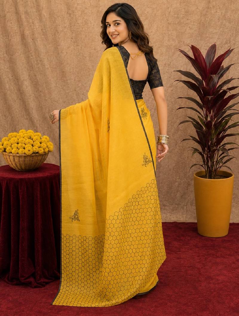 yellow black lilen print work 1 minute ready to wear saree with unstitched blouse piece
