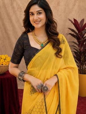 yellow black lilen print work 1 minute ready to wear saree with unstitched blouse piece 5