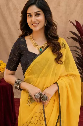 yellow black lilen print work 1 minute ready to wear saree with unstitched blouse piece