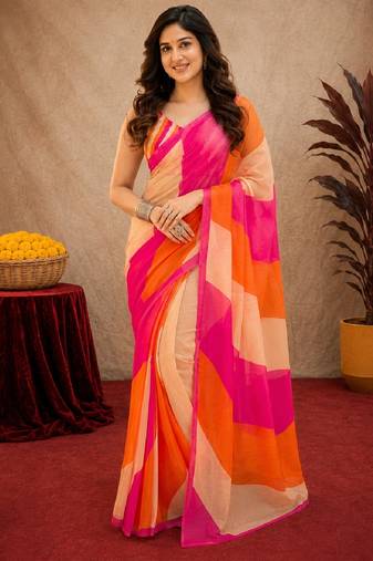 pink orange lilen print work 1 minute ready to wear saree with unstitched blouse piece