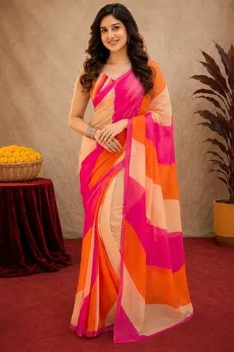 pink orange lilen print work 1 minute ready to wear saree with unstitched blouse piece