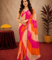 pink orange lilen print work 1 minute ready to wear saree with unstitched blouse piece