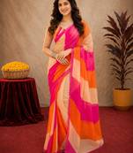 pink orange lilen print work 1 minute ready to wear saree with unstitched blouse piece