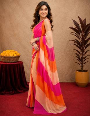 pink orange lilen print work 1 minute ready to wear saree with unstitched blouse piece 2