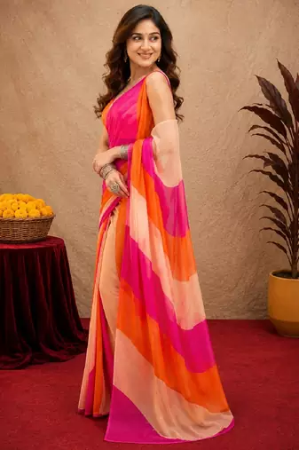 pink orange lilen print work 1 minute ready to wear saree with unstitched blouse piece