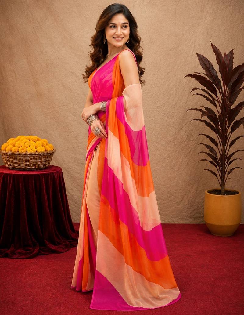 pink orange lilen print work 1 minute ready to wear saree with unstitched blouse piece