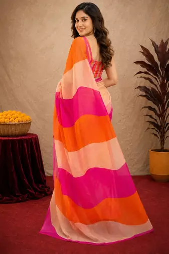 pink orange lilen print work 1 minute ready to wear saree with unstitched blouse piece