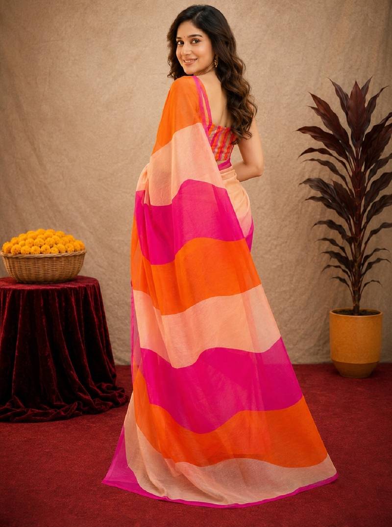 pink orange lilen print work 1 minute ready to wear saree with unstitched blouse piece